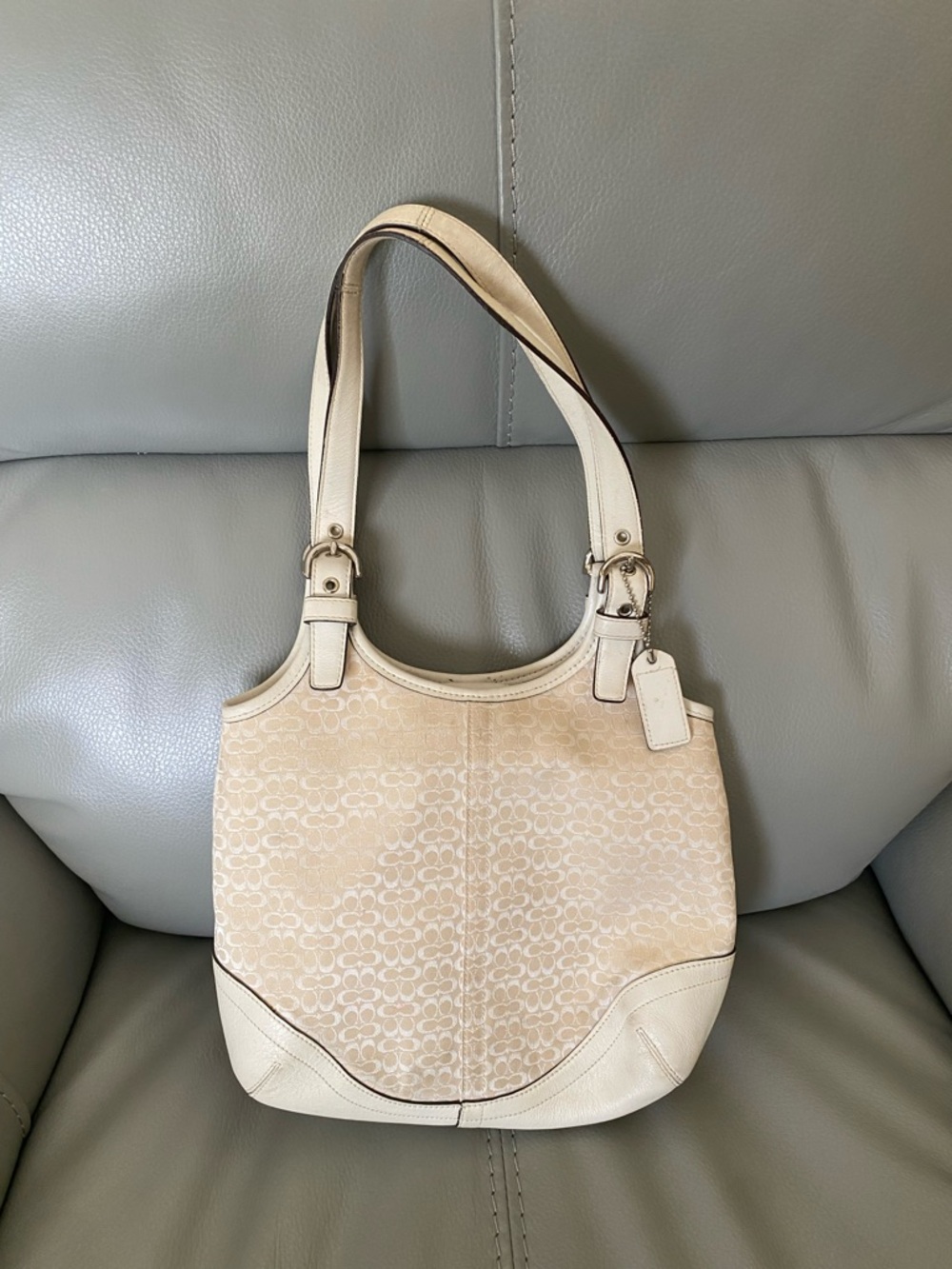 Coach Cream Signature Canvas Shoulder Bag with Leather Trim